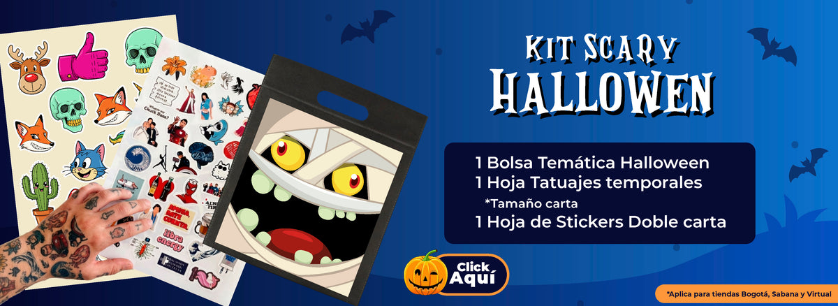 Kit Scary Halloween de AUROS con bolsa temática, tatuajes temporales y stickers personalizados