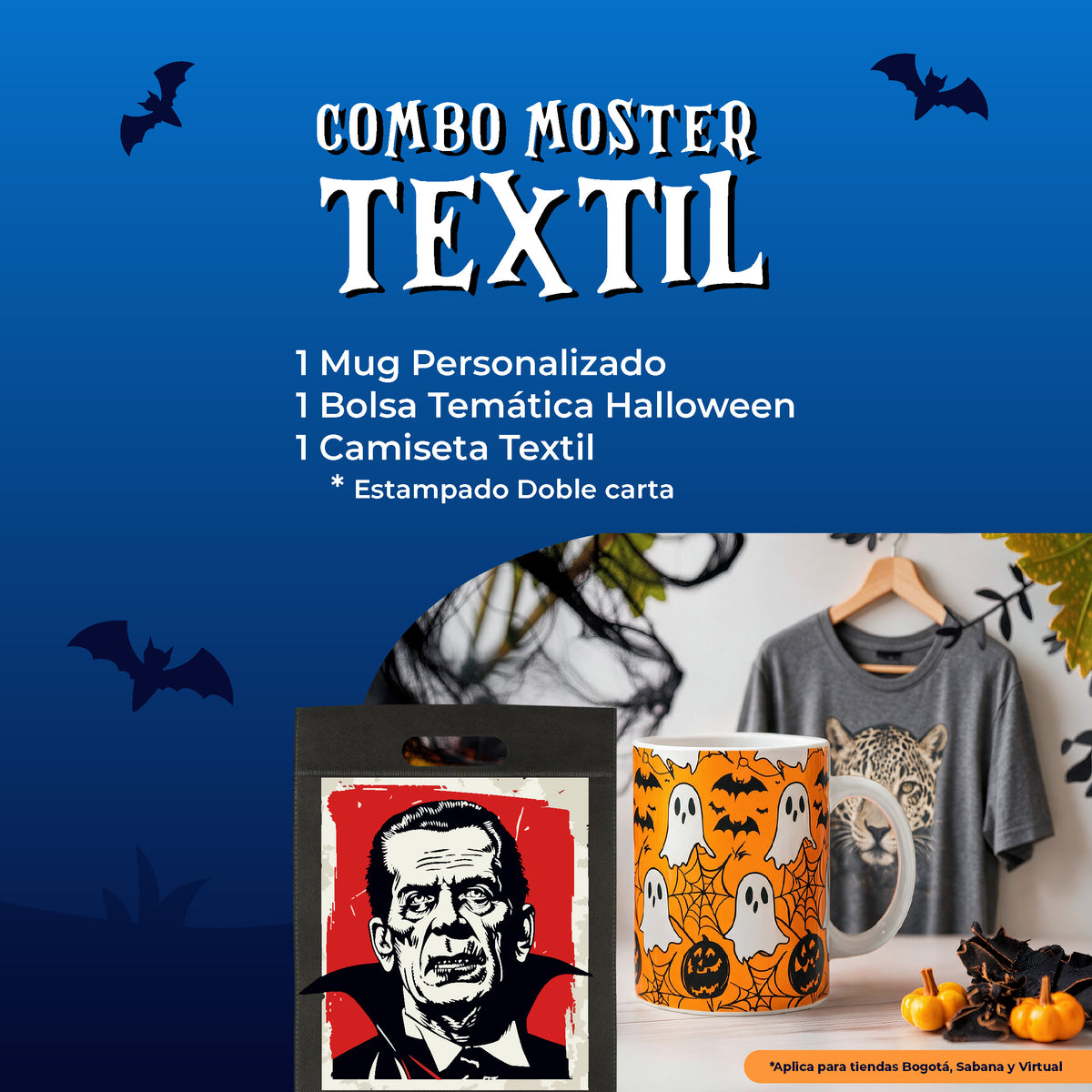 Combo Monster Textil de AUROS con mug personalizado, bolsa temática y camiseta estampada para Halloween