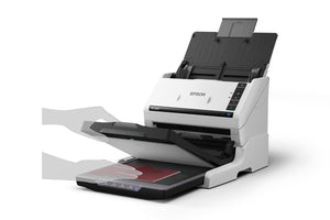 Escáner Epson DS-530X conectado a un adaptador de cama plana compatible