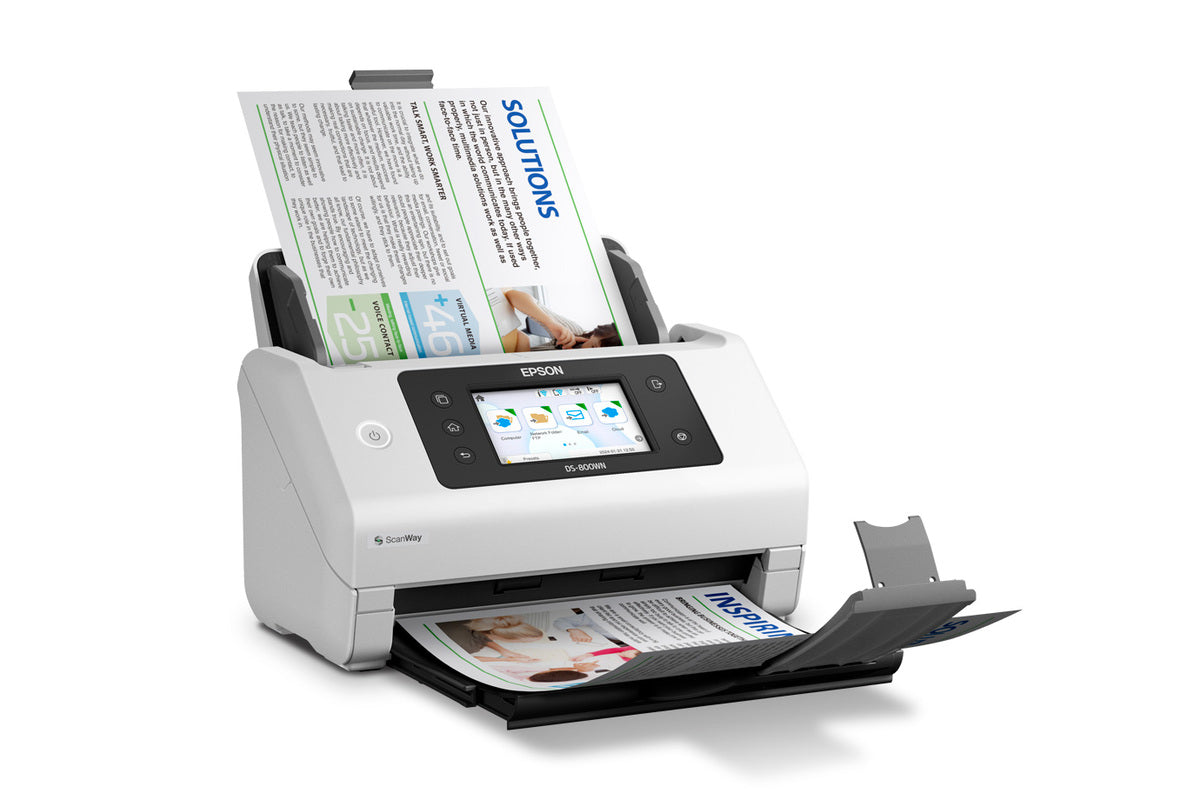 Escáner Epson DS-800WN en vista derecha procesando documentos