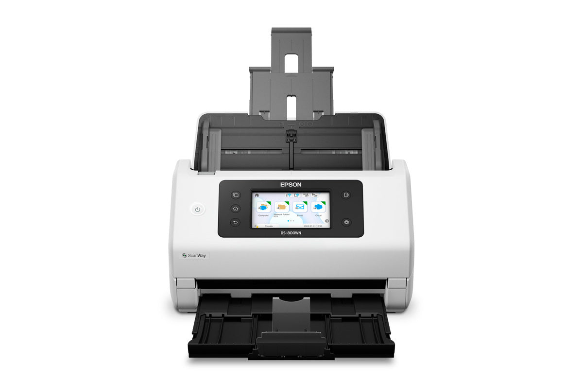 Escáner Epson DS-800WN visto de frente con bandeja de salida abierta
