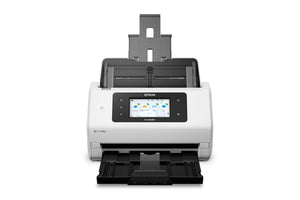 Escáner Epson DS-800WN visto de frente con bandeja de salida abierta