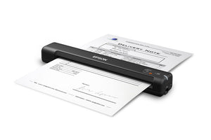 Escáner Epson WorkForce ES-50 en vista lateral digitalizando un documento