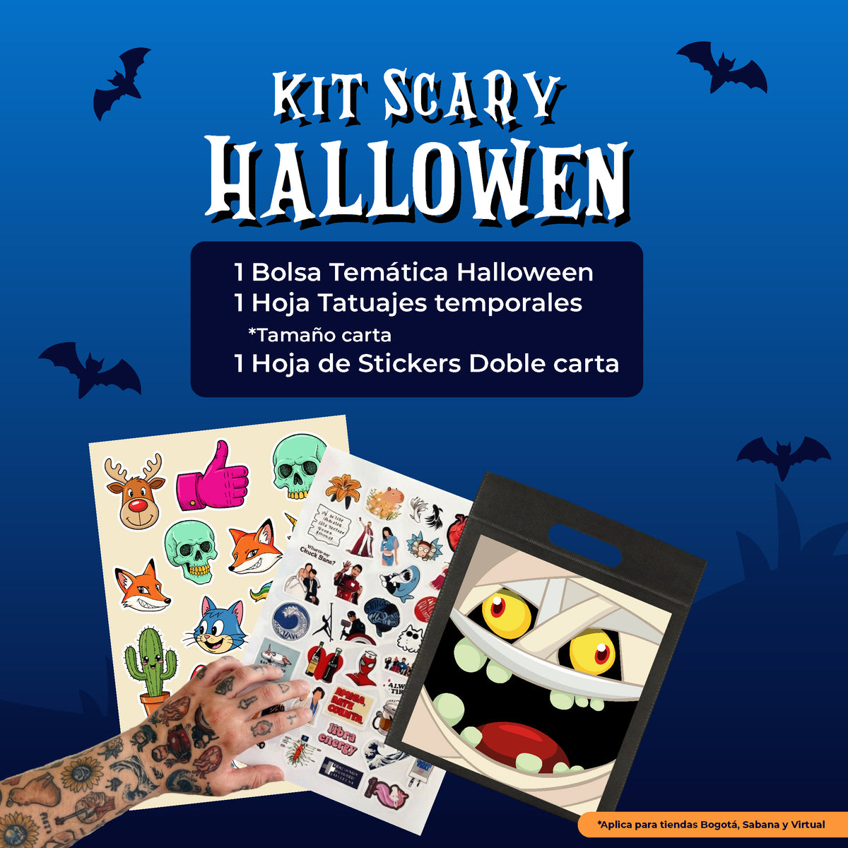 Kit Scary Halloween de AUROS con bolsa temática, tatuajes temporales y stickers personalizados