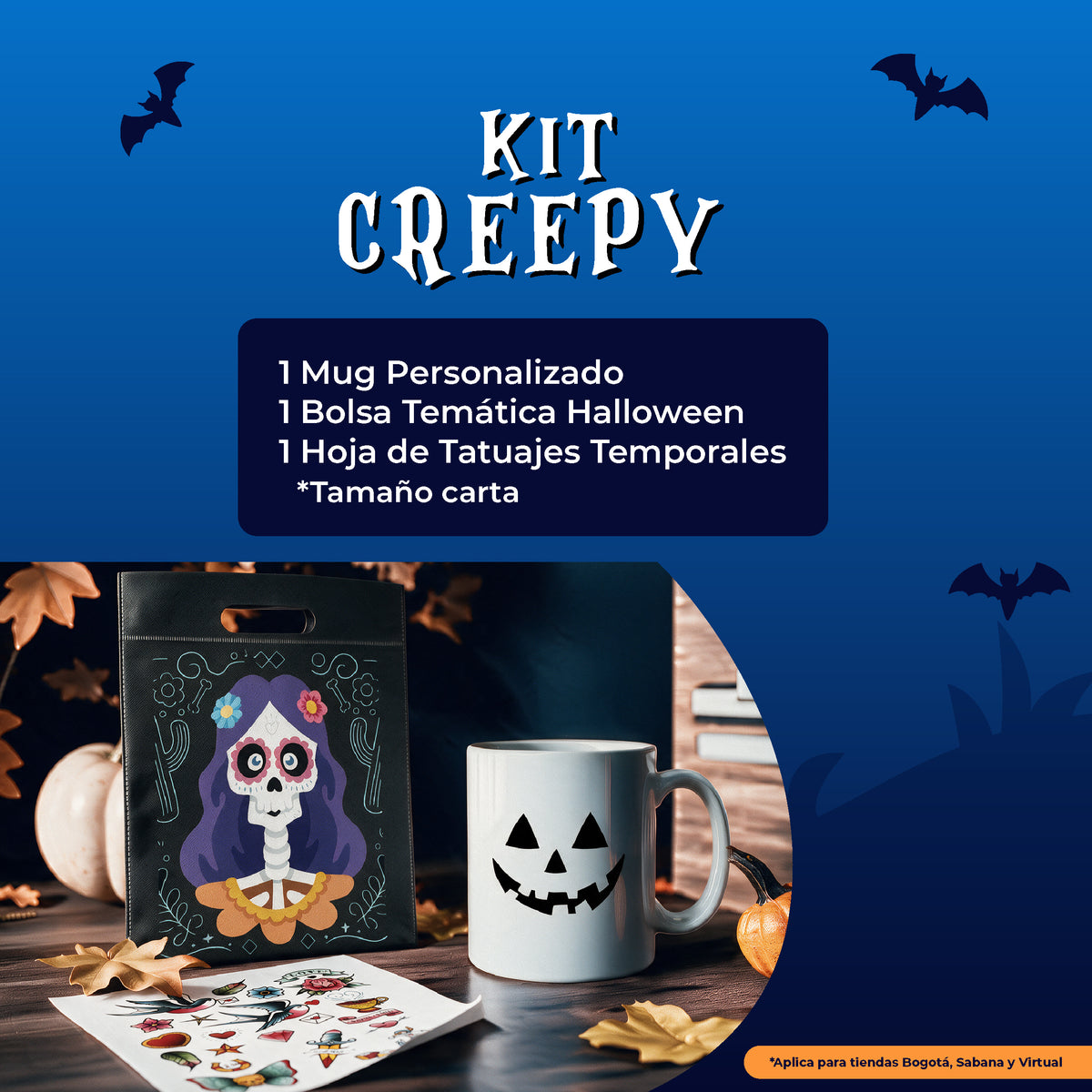 Kit Creepy de AUROS con mug personalizado, bolsa temática y tatuajes temporales para Halloween