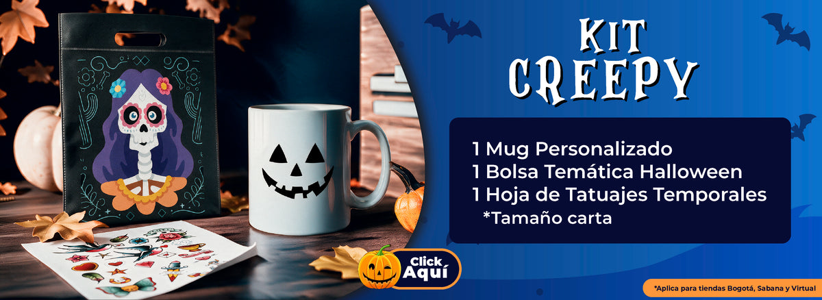 Kit Creepy de AUROS con mug personalizado, bolsa temática y tatuajes temporales para Halloween
