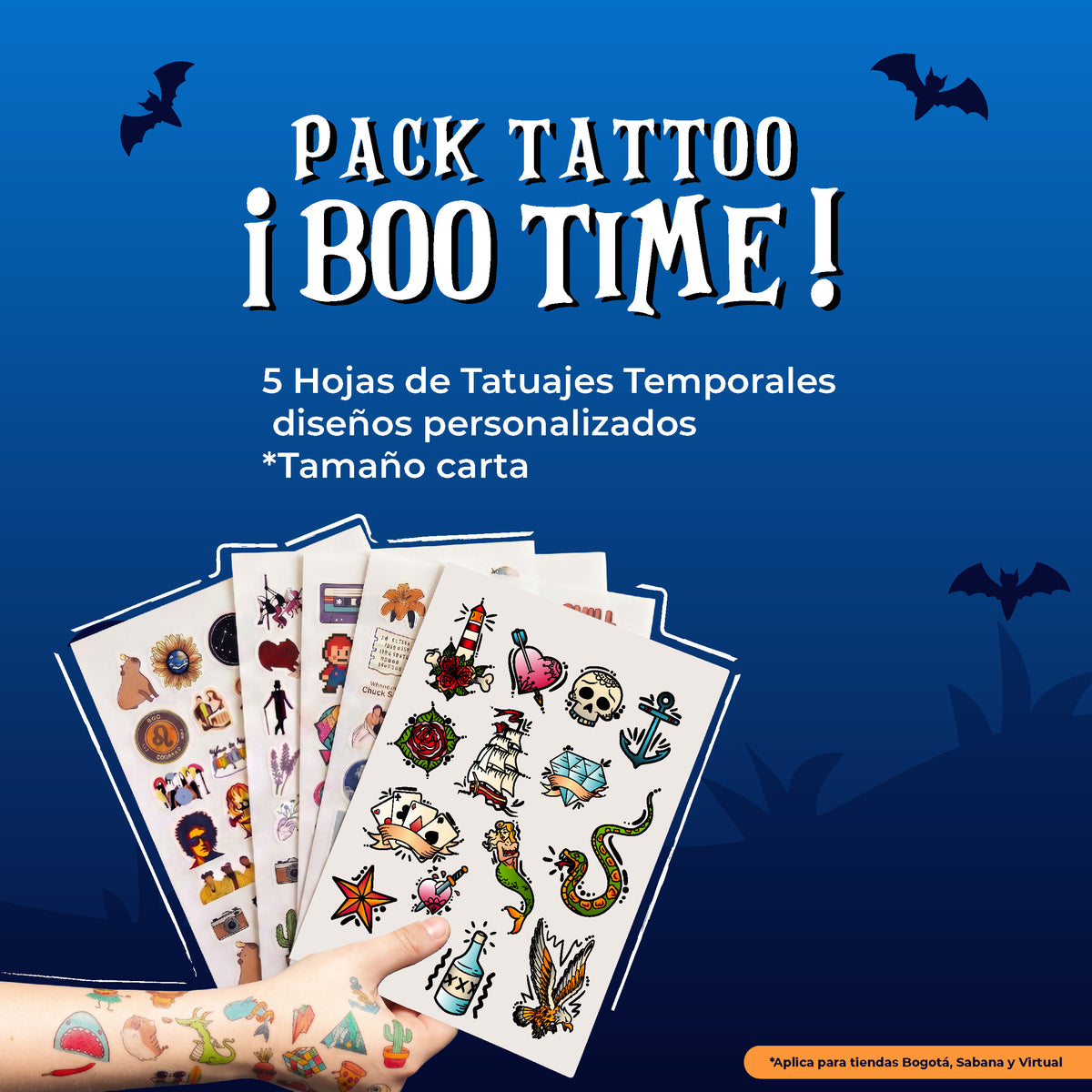Pack Boo Time de AUROS con 5 hojas de tatuajes temporales personalizados para Halloween