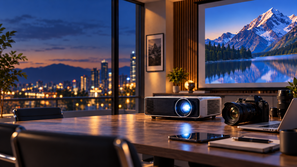 Proyector y cámara profesional en sala de reuniones moderna al atardecer, con pantalla de proyección y vista urbana, para soluciones de tecnología en AUROS.